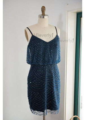 Spaghetti Straps Navy Blue Tulle Knee Length Mother Dress